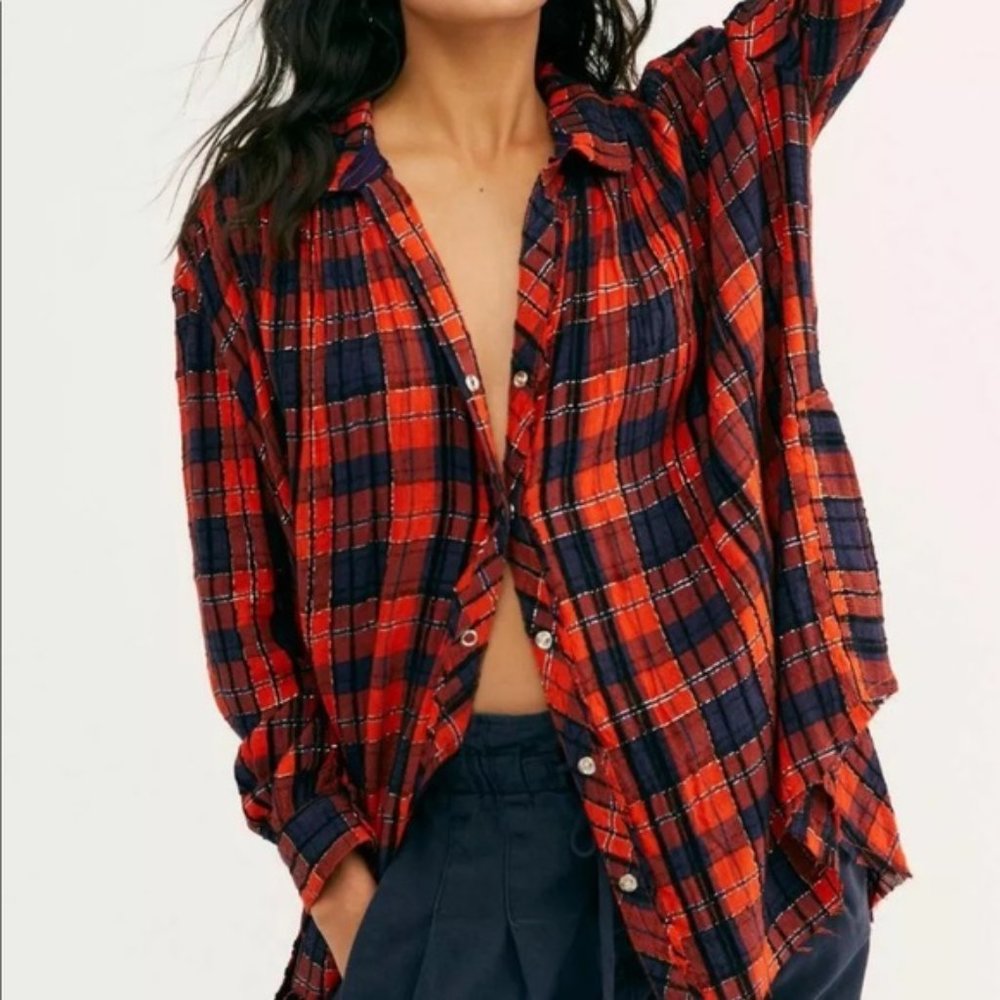 Free People We the Free Lela Metallic Plaid Orange and Navy Flannel Tunic Size M